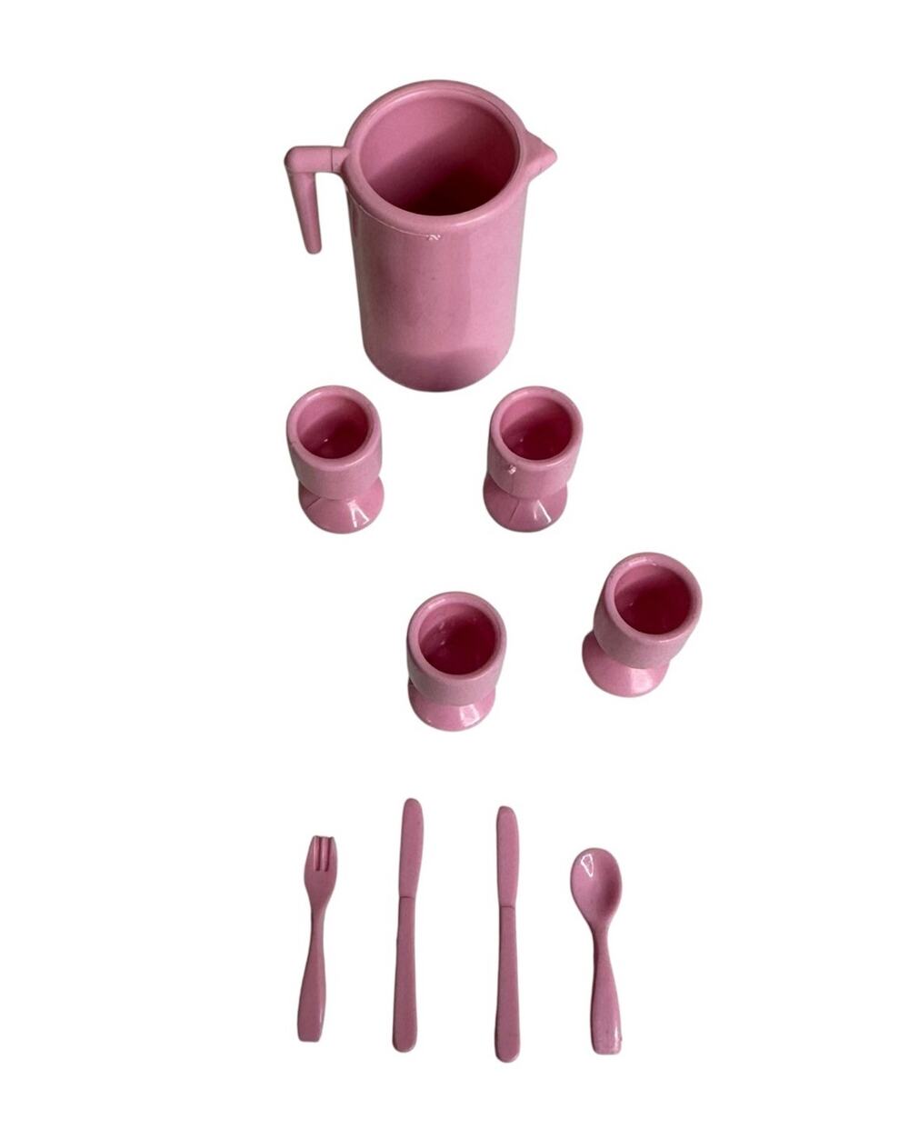 Barbie Doll Dollhouse 9 Pieces Pink Pitcher Glasses Goblets Silverware Vintage